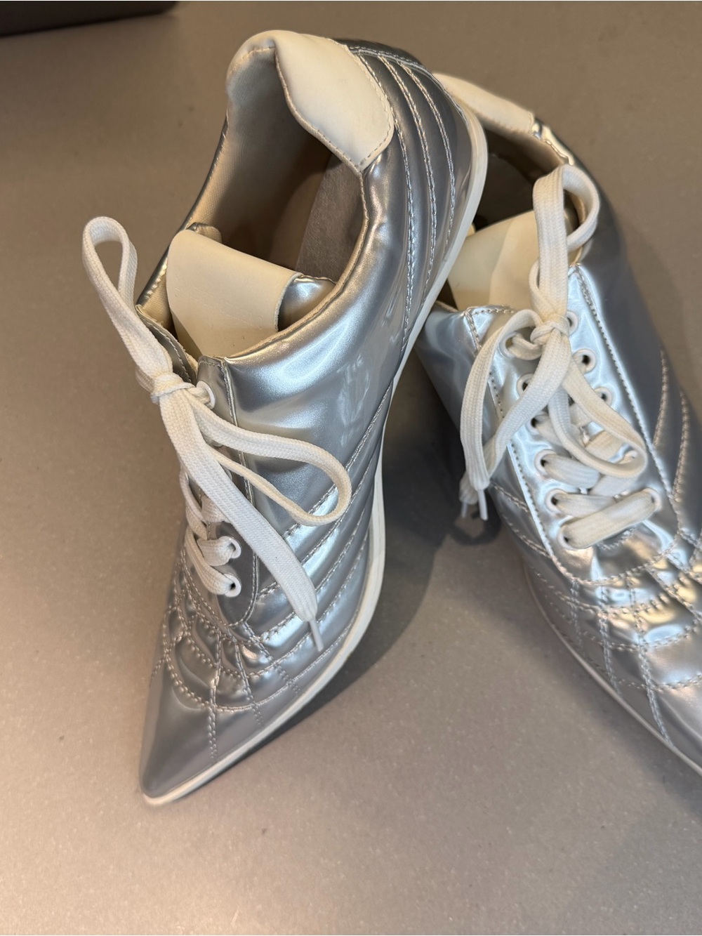 Metallic Silver Pointed Lace-Up Women’s Sneakers